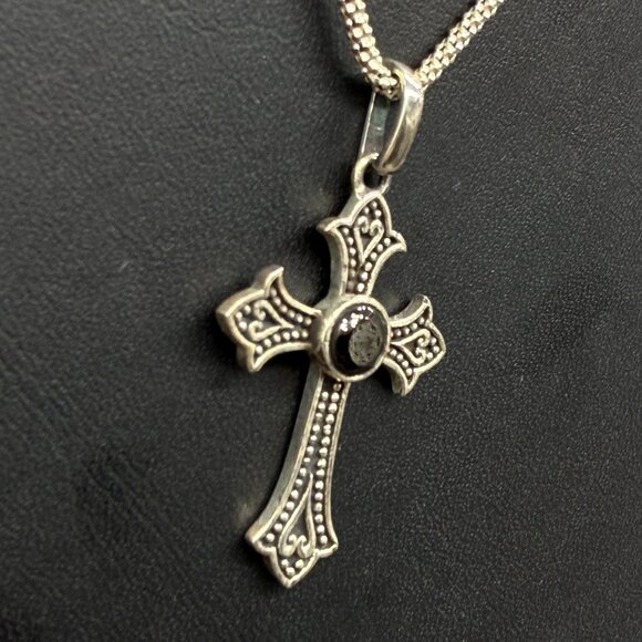 D’joy 925 Sterling Silver Black Crystal Cross Pendant Chain Necklace Italy - Picture 2 of 6